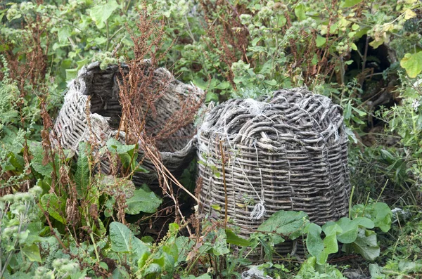 Old wicker baskets thrown in the garden — Stock Photo, Image