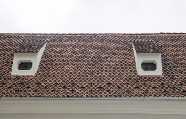 Two dormers with windows on old brown ceramic roof — Stock Photo, Image