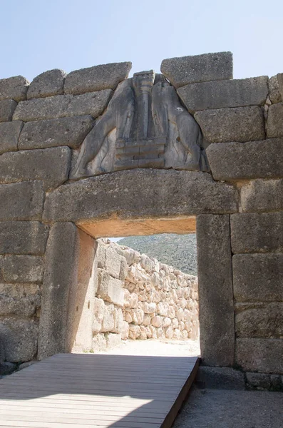 Oroszlánkapu Két Oroszlán Vagy Oroszlán Középső Oszlopban Mycenae Görögország Europ — Stock Fotó