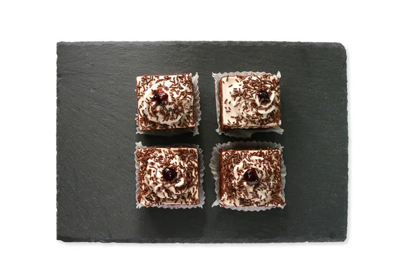Choklad Tårta Skivor Grå Konsistens Bakgrund Isolerade — Stockfoto