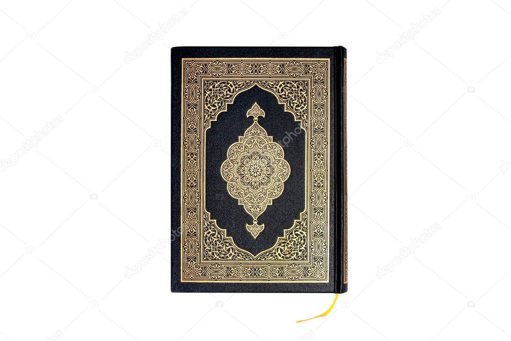 Quran book isolated on white background - close upHolly Qur'an or Koran, is the central religious text of Islam, which Muslims believe to be a revelation from God. classical Arabic liter