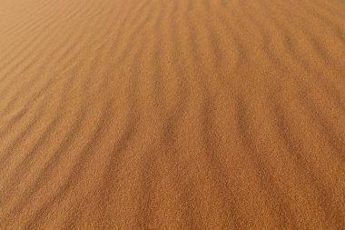 Kum dokusu - çöl kum tepelerinin arka planı. Kum tepelerinin güzel yapıları. Çölde rüzgardan gelen kumla - Yaklaş