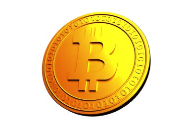 Bitcoin. Fiziksel bit sikke. Dijital para. Cryptocurrency. Beyaz arka plan üzerinde izole bitcoin simgesi olan altın sikke. Hisse senedi vektör çizim.