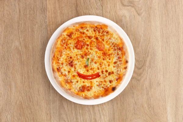 Kids Meal Pizza Margherita Pizza Vegetables Wooden Background Basil Olives — Stock Photo, Image