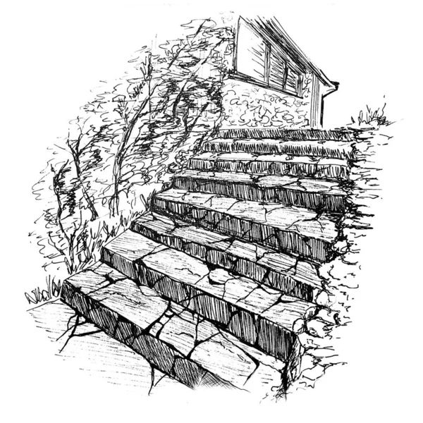 Stone Steps Ink Drawing — 스톡 사진