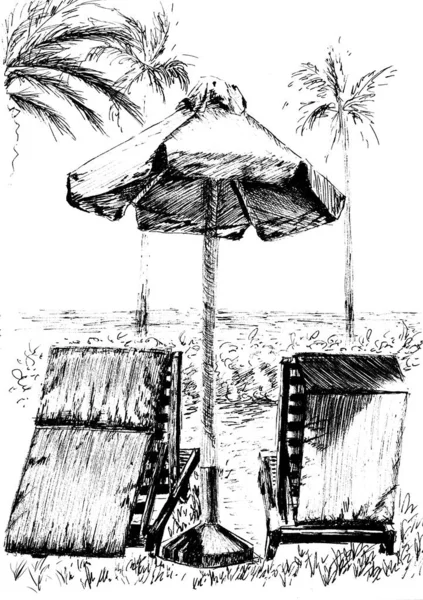 Umbrellas Beach Ink Drawing — 스톡 사진