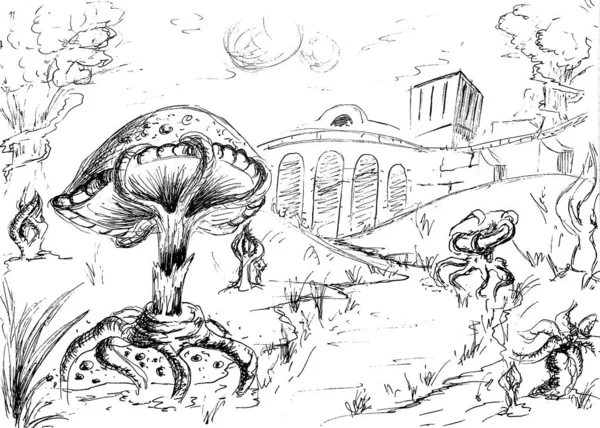 Fantaisie Dessin Encre Champignon — Photo