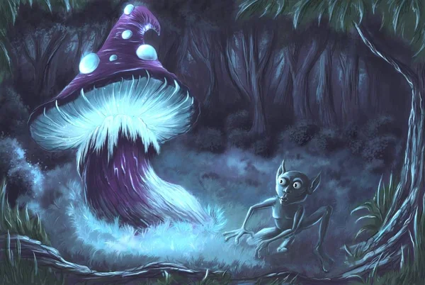 Fantasy Creature Nearby Glowing Mushroom — Stock Photo, Image