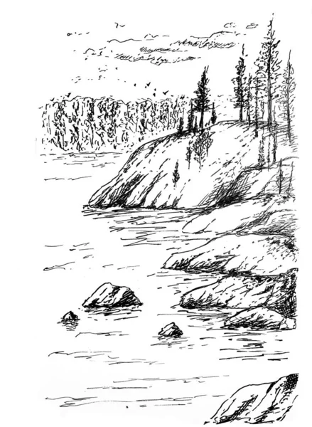 Lake Landscape Ink Drawing — 스톡 사진