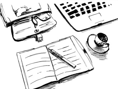 Ofis çalışma alanı mürekkebi çizimi 