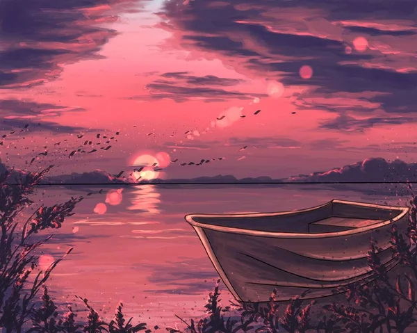 Иллюстрация Лодки Закате — стоковое фото