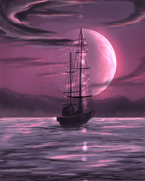 корабль в море под луной
 