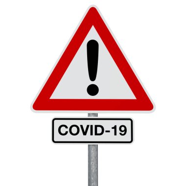 COVID-19 ilave işareti olan bir trafik işareti, her ikisi de aynı direğe bağlı. Dijital olarak oluşturulmuş görüntü. Bir kırpma yolu eklenir