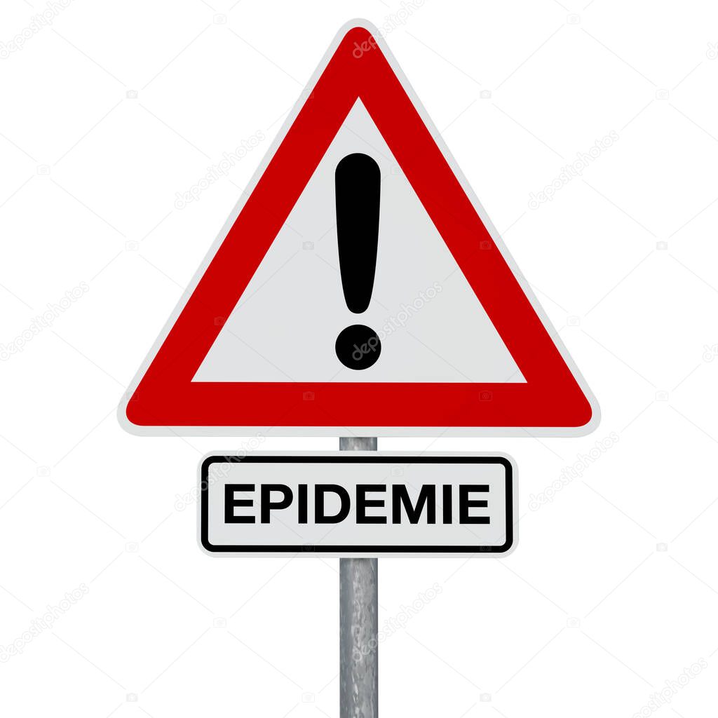 A traffic sign with EPIDEMIE additional sign, both attached to the same post. The word epidemic is written in German. Digitally generated image. A clipping path is included.