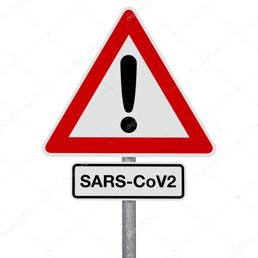 A traffic sign with SARS-CoV-2 additional sign, both attached to the same post. Digitally generated image. A clipping path is included.