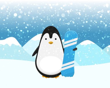 Karlı dağların arka planında Mavi Snowboard 'lu şirin Penguen sporu. Stock Vektör İllüstrasyonu.