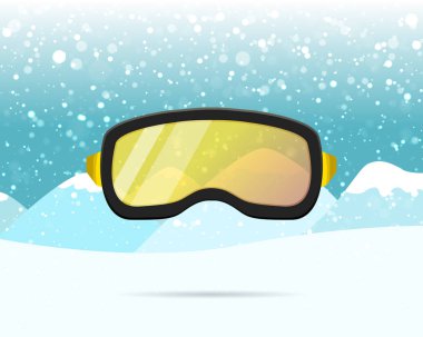 Kayak ve kar kayağı sarı koruyucu maske gözlükleri, kış gözlüğü aktivite ekipmanları. Karlı dağ arka planında ekstrem spor stok vektör çizimi.