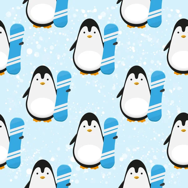 Płynny wzór wektor z Cute Sport Penguin Z Blue Snowboard na śnieżnych górach zimowe tło. — Wektor stockowy