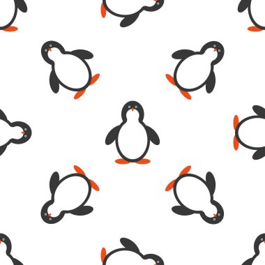 Penguen desensiz arka plan. Şirin Noel çizgi filmi karalama vektör çizimi.