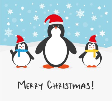 Mutlu Noeller ve yeni yıl kutlamaları için şirin penguen aile kartı. Kırmızı Noel Baba şapkası ve kar altında mavi atkı ve kar tanecikleri çizimi..