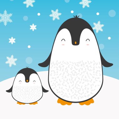 Mutlu Noeller ve yeni yıl kutlamaları için tatlı penguen aile kartı. Kar ve kar taneleri vektör çizimleri altında..