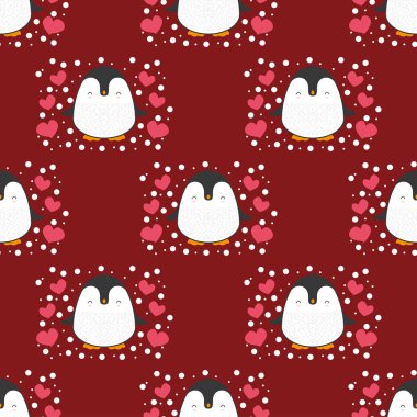 Penguen desensiz arka plan. Şirin Noel çizgi filmi karalama vektör çizimi.