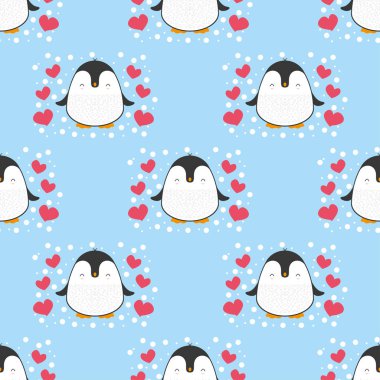 Penguen desensiz arka plan. Şirin Noel çizgi filmi karalama vektör çizimi.