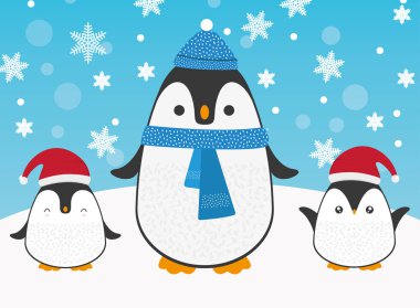 Mutlu Noeller ve yeni yıl kutlamaları için tatlı penguen aile kartı. Kırmızı Noel Baba şapkası ve kar altında mavi eşarp ve kar tanecikleri çizimi..