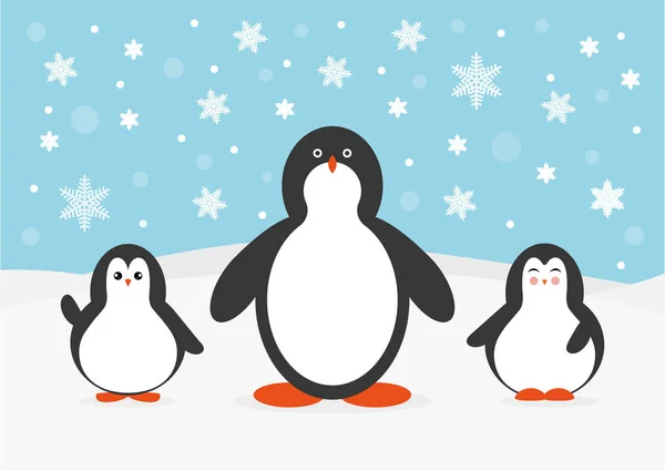 Mutlu Noeller ve yeni yıl kutlamaları için tatlı penguen aile kartı. Kar ve kar taneleri vektör çizimleri altında.. — Stok Vektör
