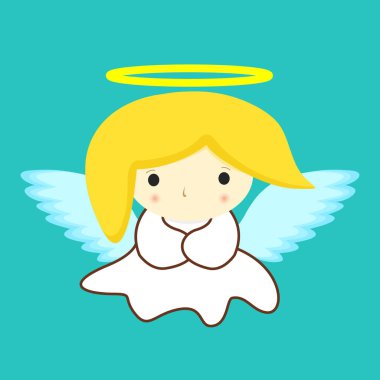 Beyaz elbiseli Aziz Melek, yeşil arka planda sarı saçlı.