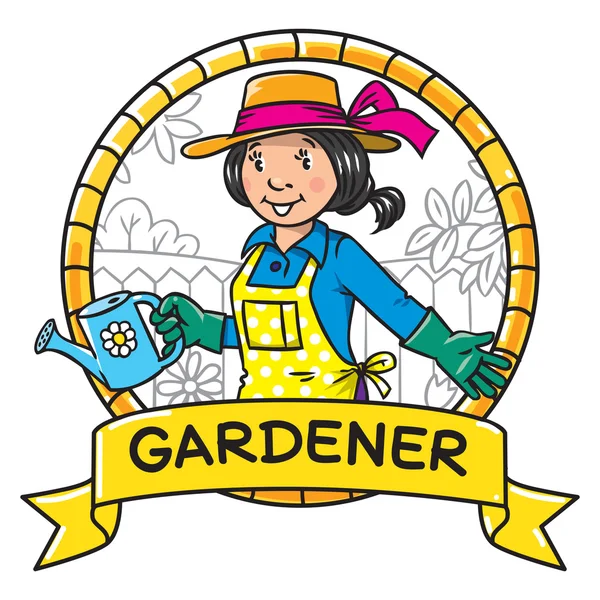 Femme drôle jardinier. Emblème. Série Profession . — Image vectorielle