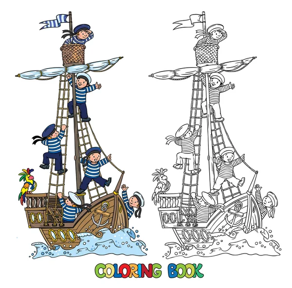 Βιβλίο ζωγραφικής με πλοίο και ναύτες ευτυχισμένη — Διανυσματικό Αρχείο