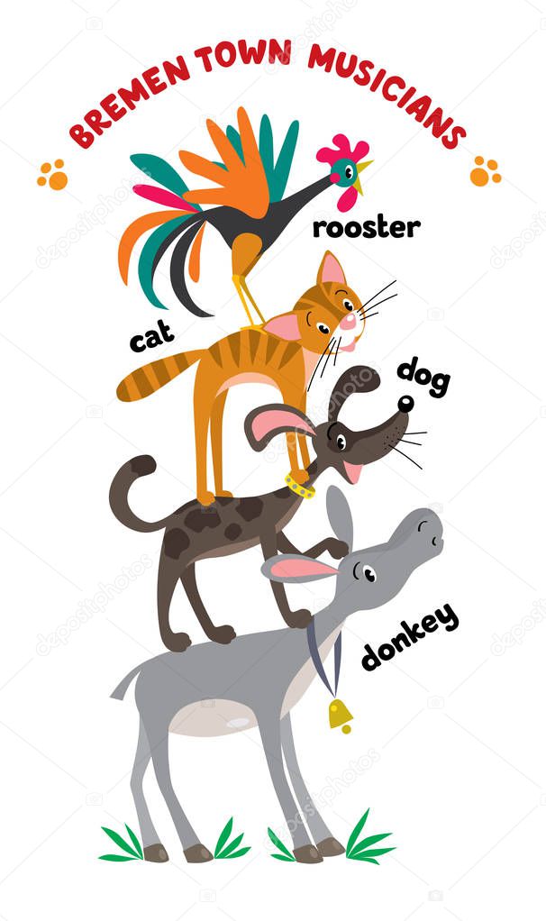 Set of cartoon or children illustrations of funny Bremen Town Musicians, cat, dog, rooster and donkey, each stand on the back of another animal. From a german fairy tale