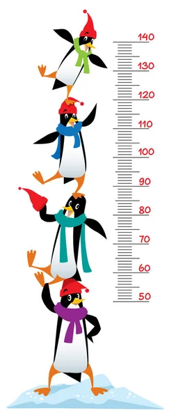 Meter muur of hoogte grafiek met grappige pinguins — Stockvector