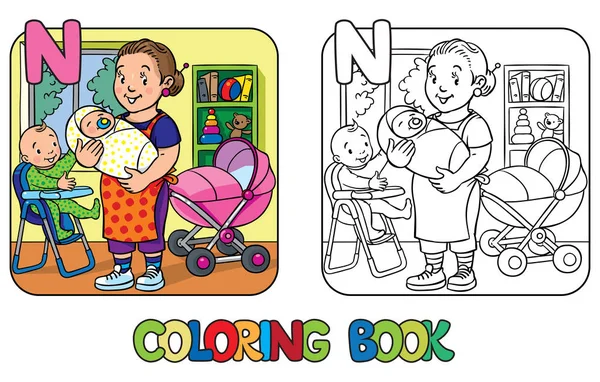 Babá com crianças livro de colorir. Alfabeto N —  Vetores de Stock