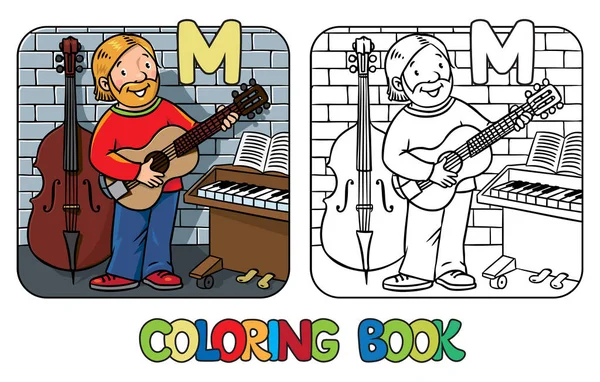 Músico ou guitarrista livro para colorir. Alfabeto M — Vetor de Stock