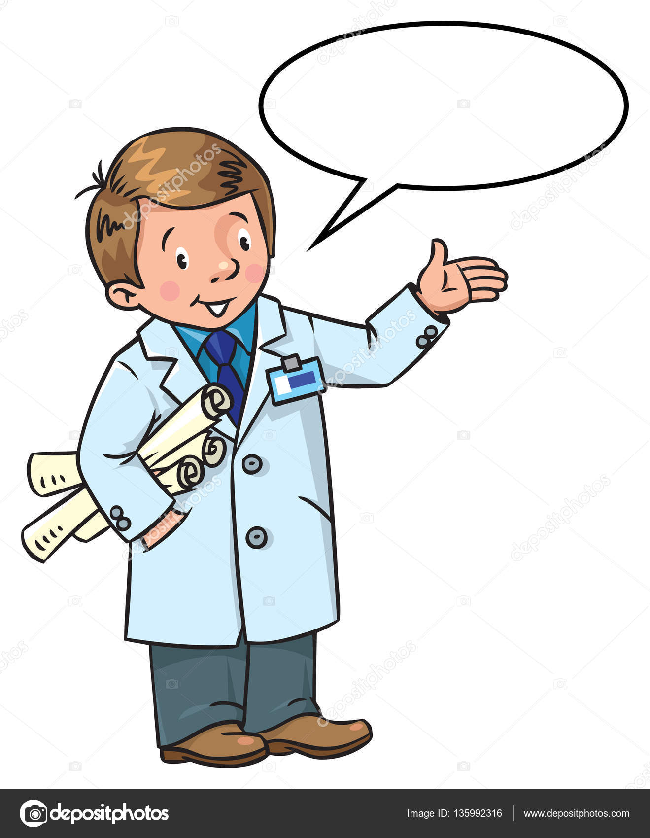 Per bambini di vettore divertente ingegnere o inventore Un uomo in cappotto con disegni che illustrano a mano Serie di Abc di professione Con palloncino