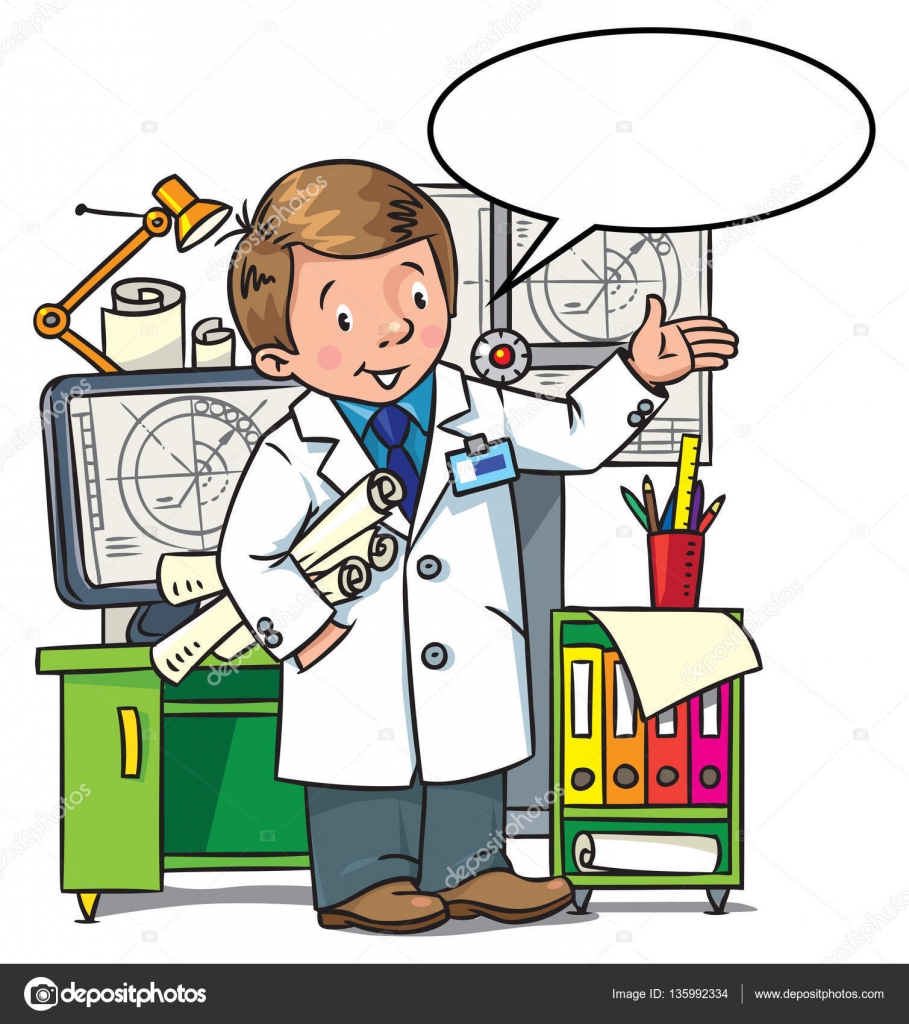 Per bambini di vettore divertente ingegnere o inventore Un uomo in cappotto con disegni che illustrano a mano Serie di Abc di professione