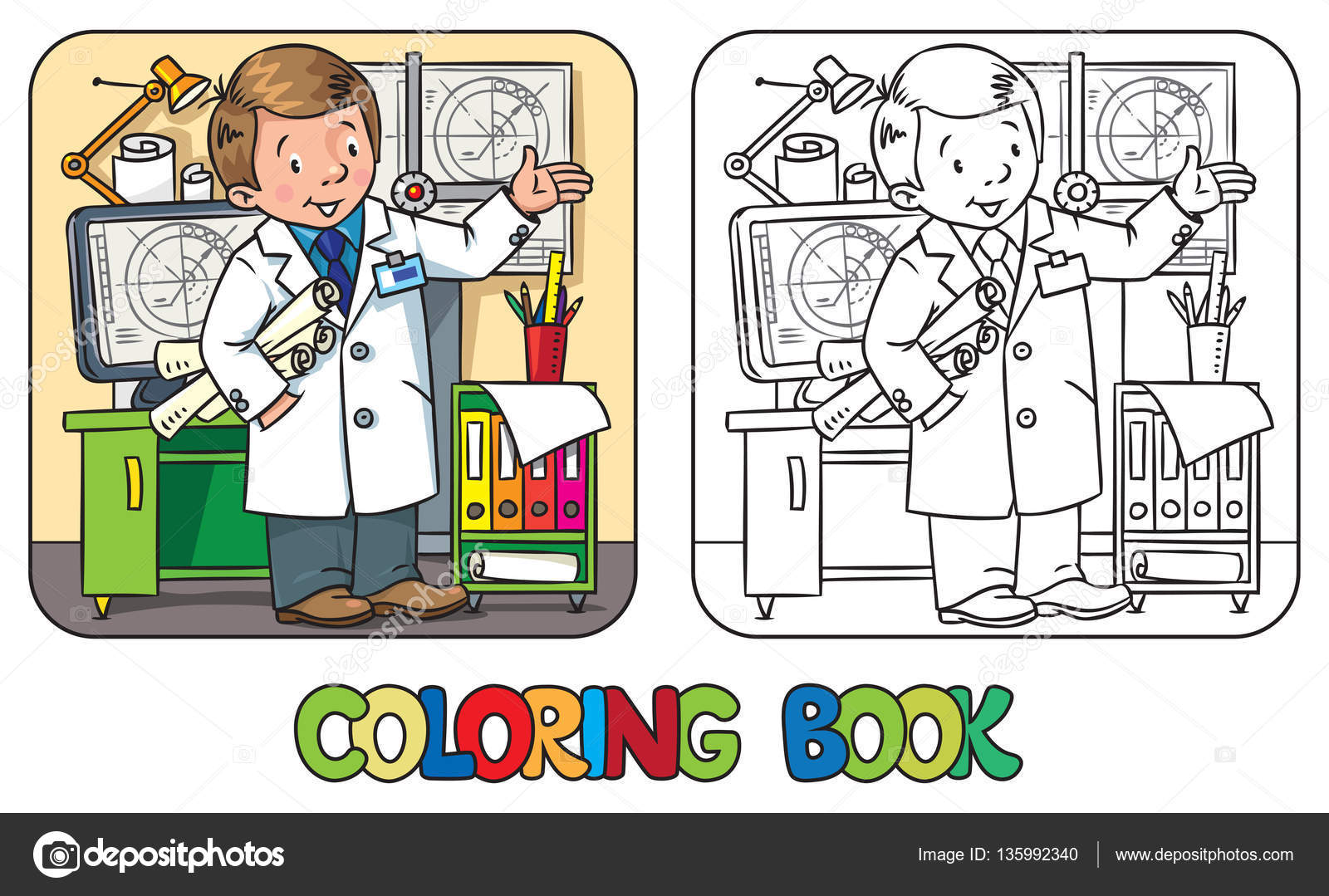 Libro da colorare di ingegnere divertente o inventore Un uomo in cappotto con disegni che illustrano a mano Serie di Abc di professione