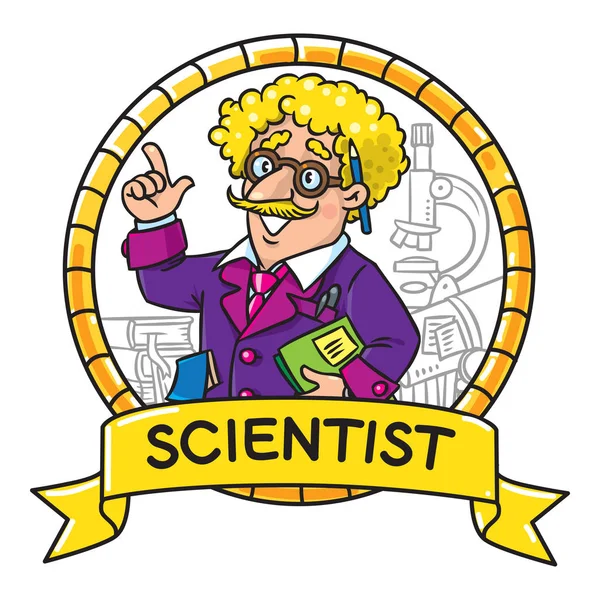 Emblem of funny scientist or inventor — Stock Vector