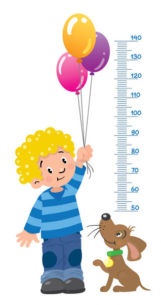 Стена или диаграмма высоты с мальчиком и щенком
