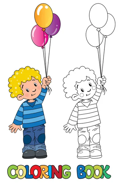 Funny little boy with balloons. Coloring book — Stock Vector