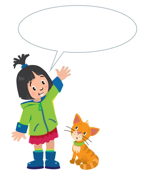 Chica y gatito con globo para texto — Vector de stock