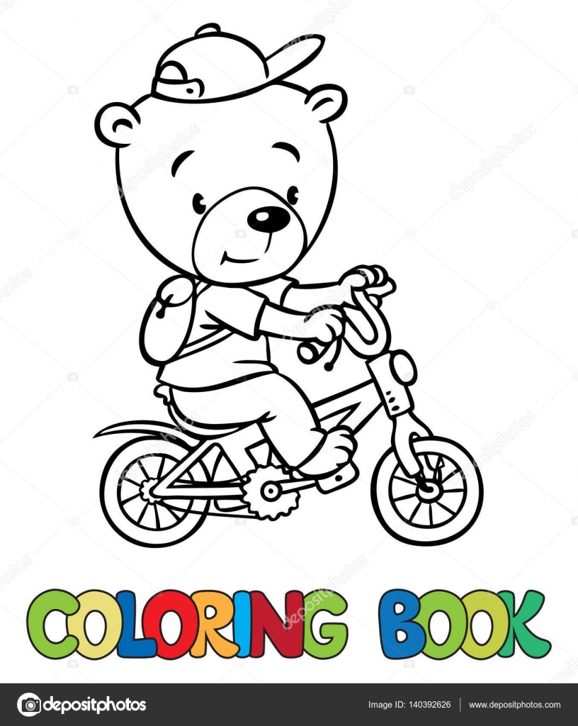 Coloriages de petit ours dr´le sur vélo — Image vectorielle