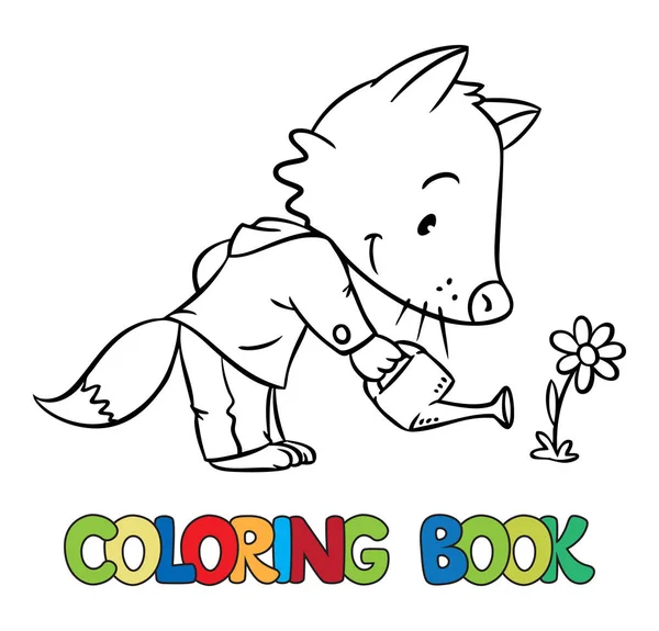 Coloring book of little funny fox watering flower — Stock Vector
