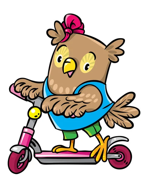 Маленькая забавная сова ездит на скутере — стоковый вектор
