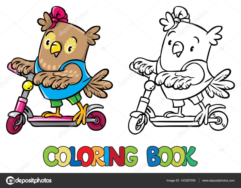 Livre de coloriage de petite chouette dr´le sur le scooter — Image vectorielle