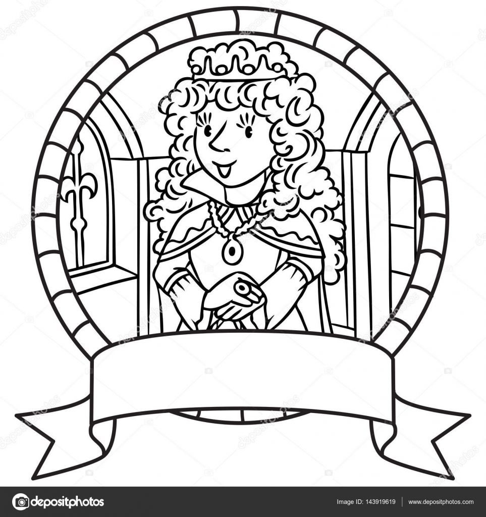 Disegni da colorare libro o emblema della bella regina o principessa in abito me vale la corona e il mantello con capelli ricci biondi lunghi