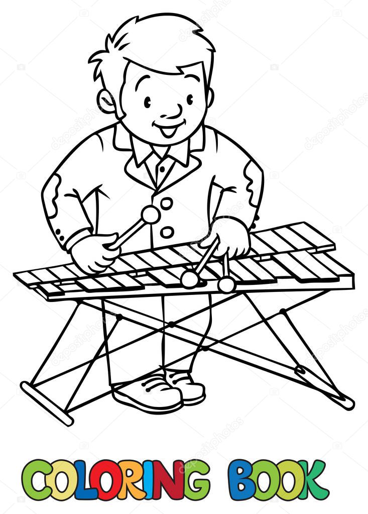 Funny musician or xylophone player. Coloring book
