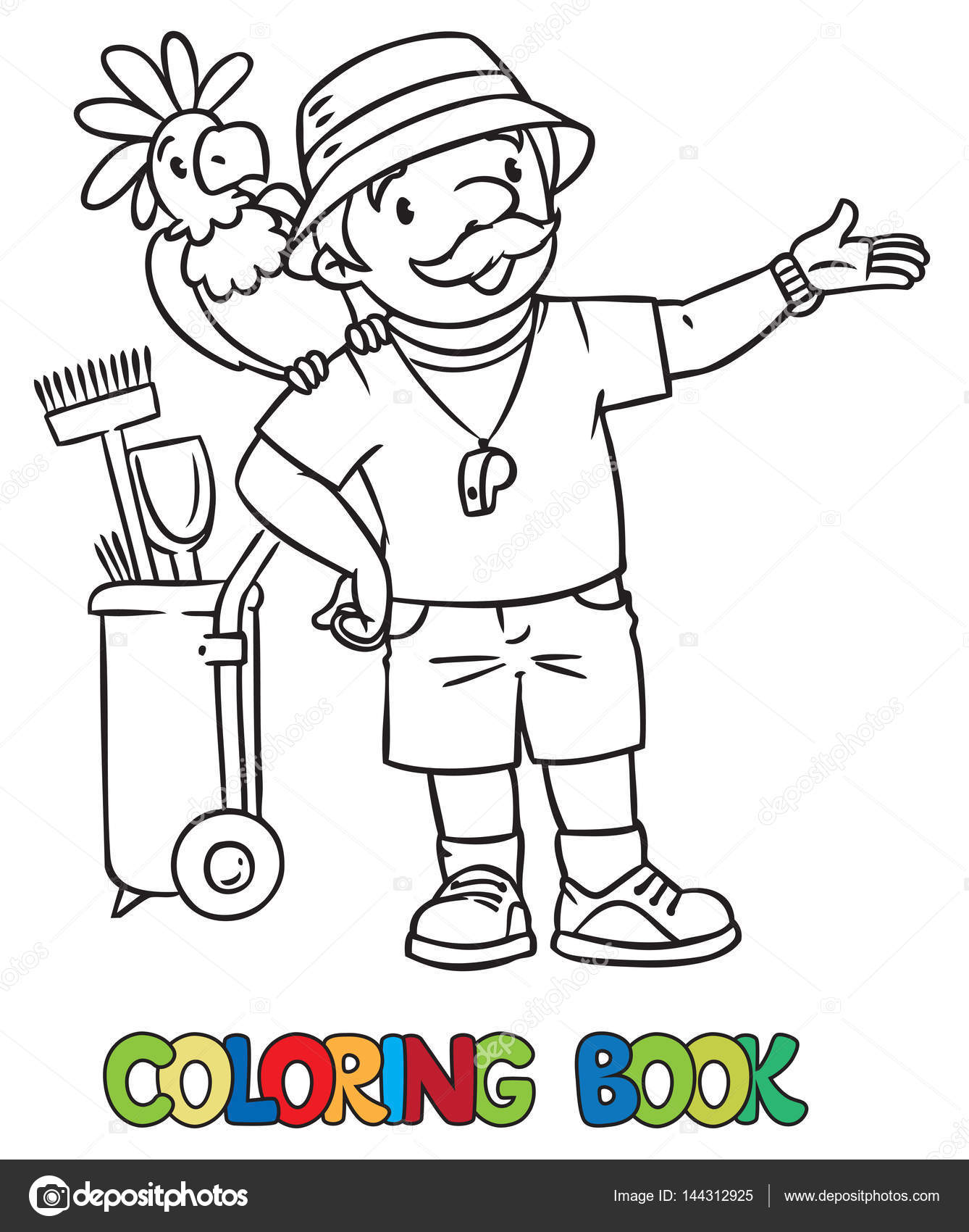 Libro da colorare di guardiano dello zoo divertente con il pappagallo — Vettoriale Stock